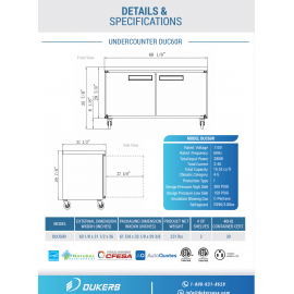 *Free shipping, please email order@jfkkitchen.com for the special offer* UNDERCOUNTER  REFRIGERATOR DUC60R  2-Door