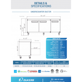 *Free shipping, please email order@jfkkitchen.com for the special offer* UNDERCOUNTER REFRIGERATOR DUC72R 3-DOOR