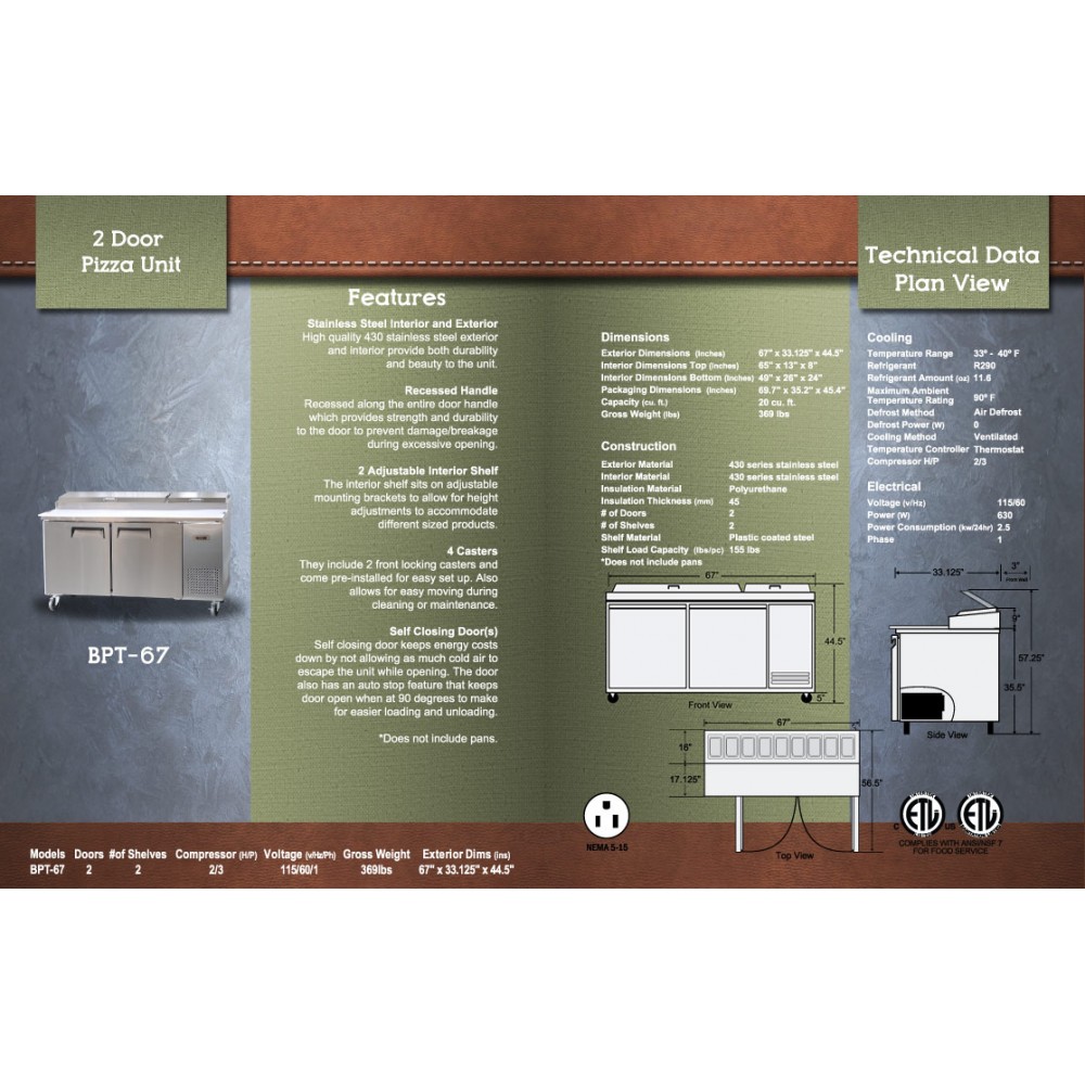 ***FREE SHIPPING-EAST OF MISSISSIPPI RIVER *** Bison Pizza Prep Table BPT-67